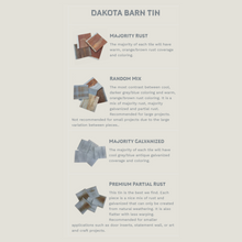 Dakota Tin reclaimed barn tin sub-styles — Random Mix, Majority Rust, Majority Galvanized, Premium