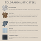 Colorado Rustic Steel finish chart — Rusted, Galvalume, Antique, Premium, Crinkle Black, Corten A606